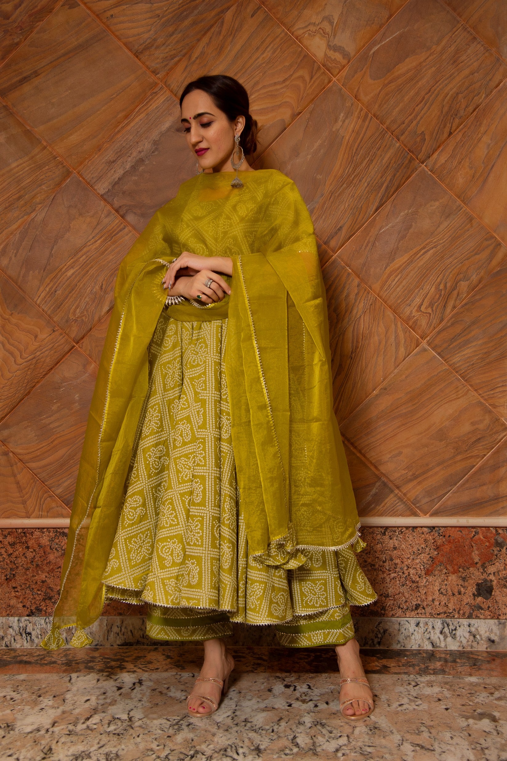 BANDHEJ MEHNDHI GREEN COTTON  ANARKALI SET