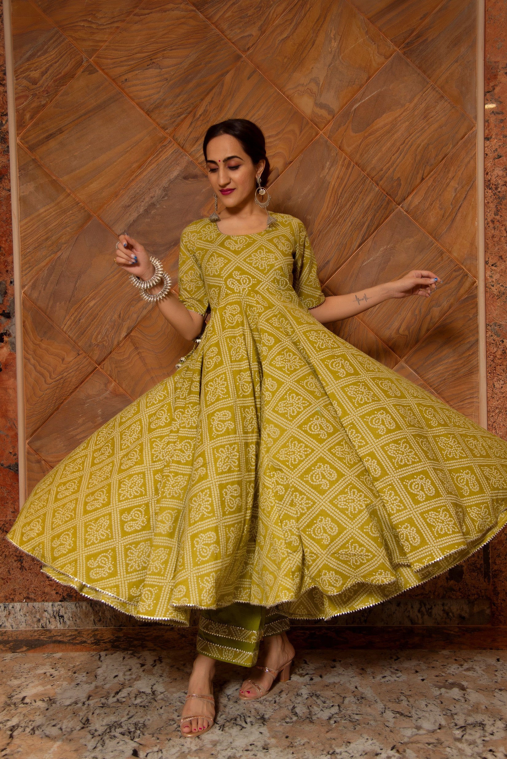 BANDHEJ MEHNDHI GREEN COTTON  ANARKALI SET