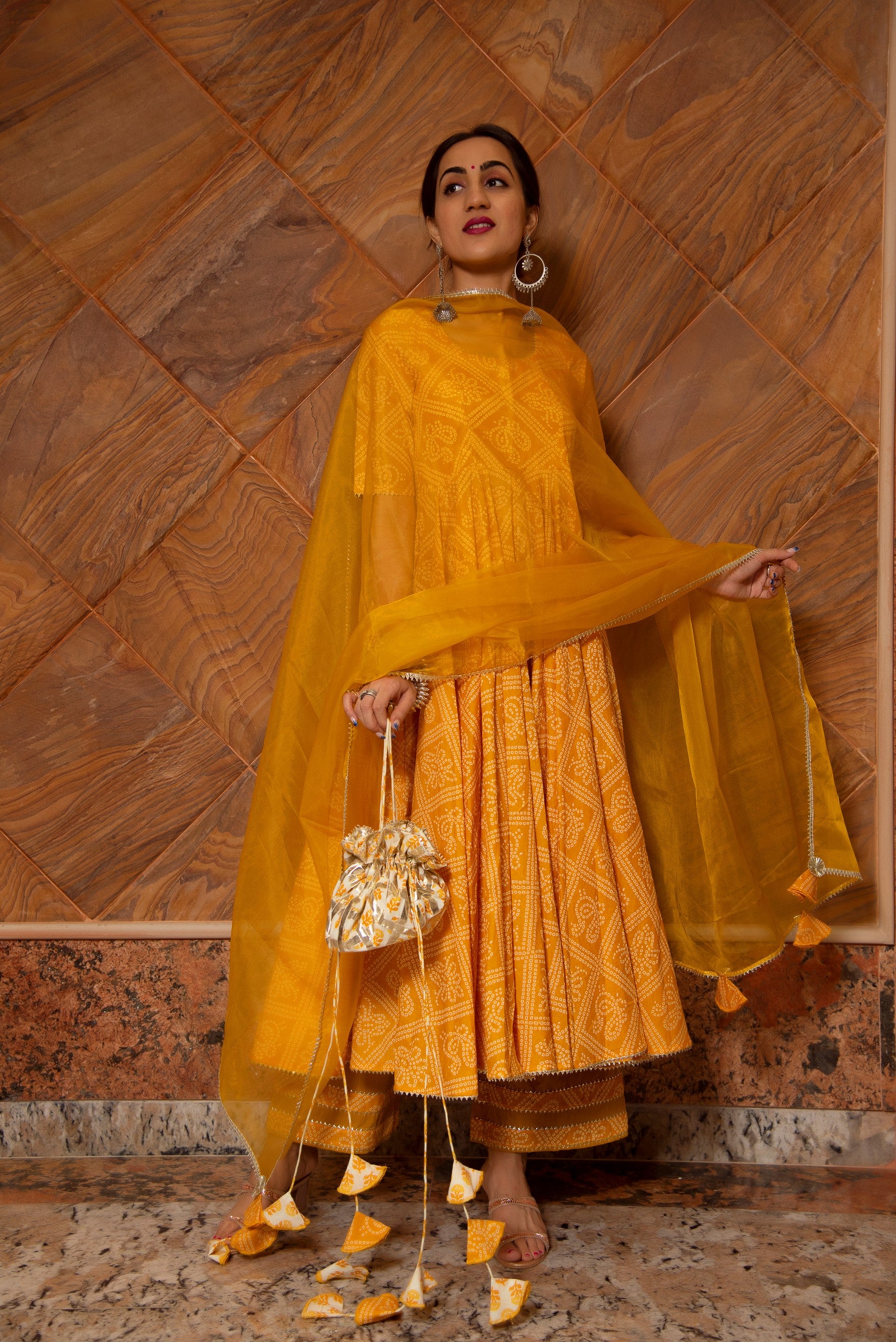 BANDHEJ YELLOW COTTON ANARKALI SET