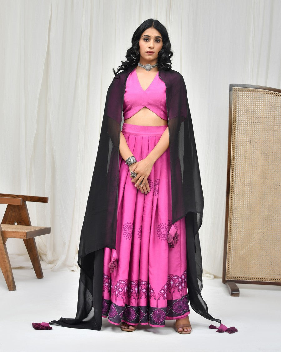 Stunning pink colour digitally printed lehenga and blouse, paired with dupatta