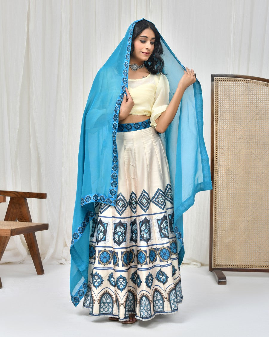 Stunning off white colour digitally printed lehenga and blouse, paired with organza dupatta