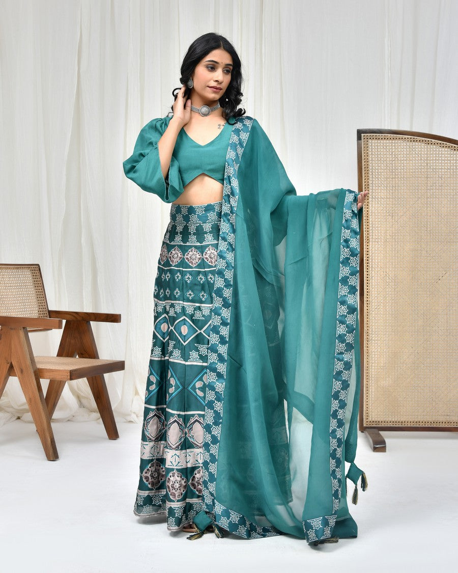 Stunning dark sea green digitally printed lehenga and blouse, paired with organza dupatta