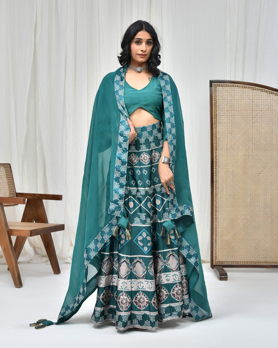 Stunning dark sea green digitally printed lehenga and blouse, paired with organza dupatta