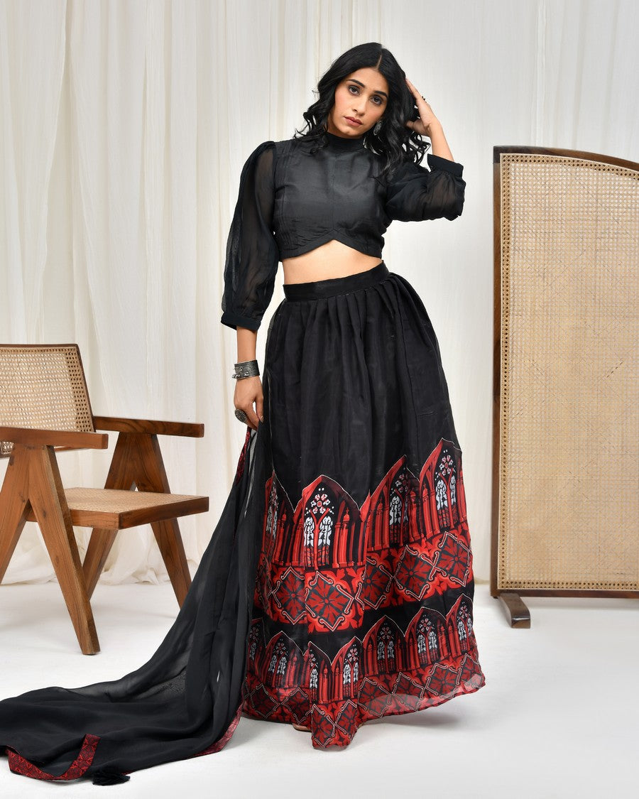 Stunning black colour digitally printed lehenga and blouse, paired with organza dupatta