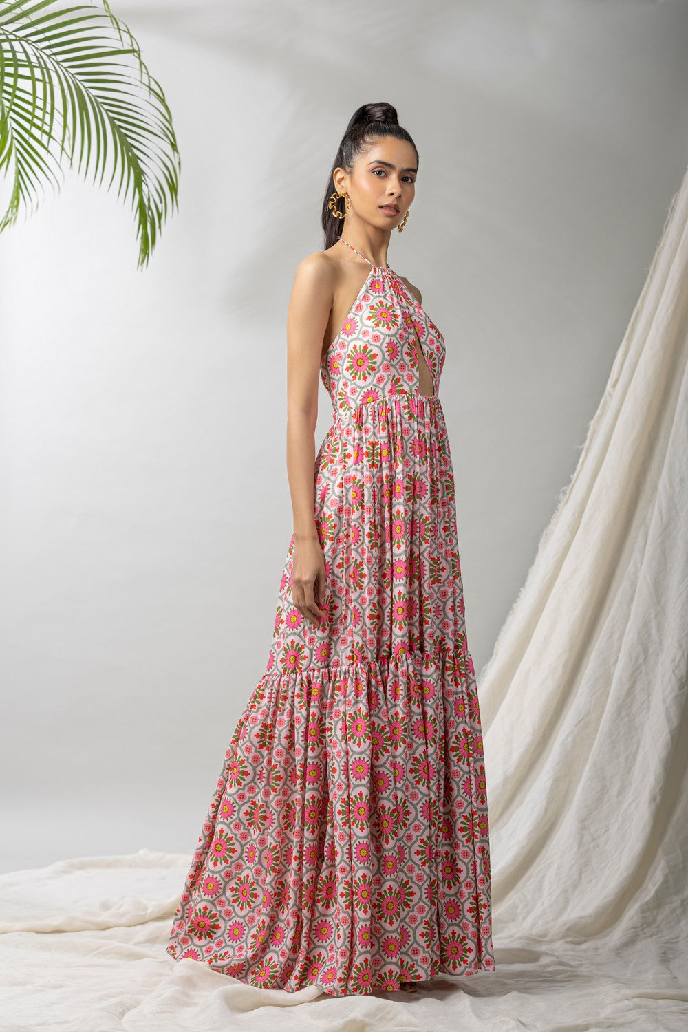 Boundless flora front cut halter maxi dress