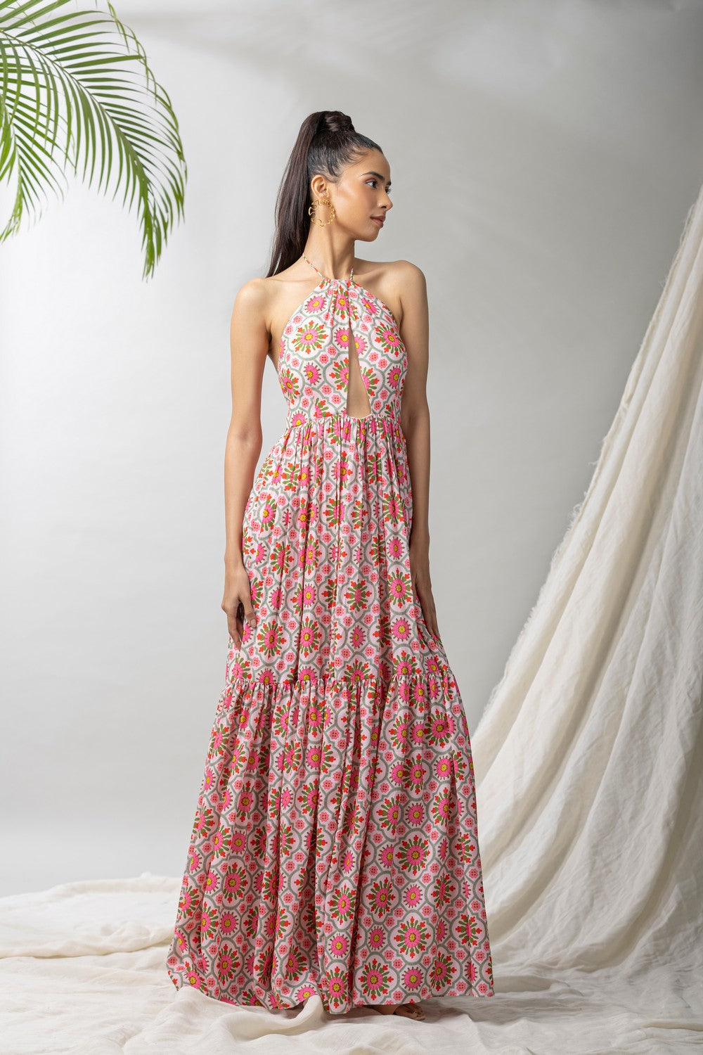 Boundless flora front cut halter maxi dress