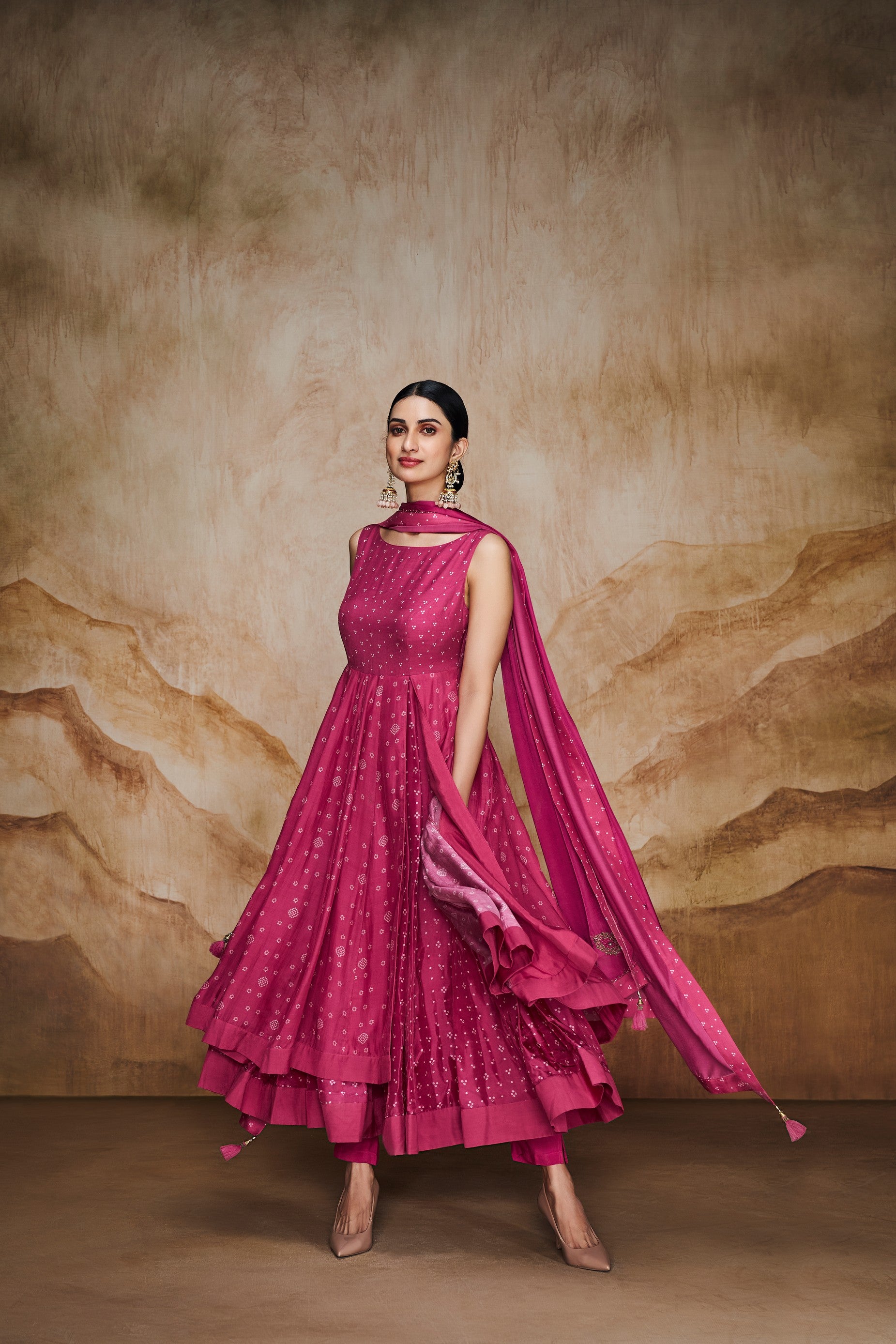 Pink double layered anarkali set