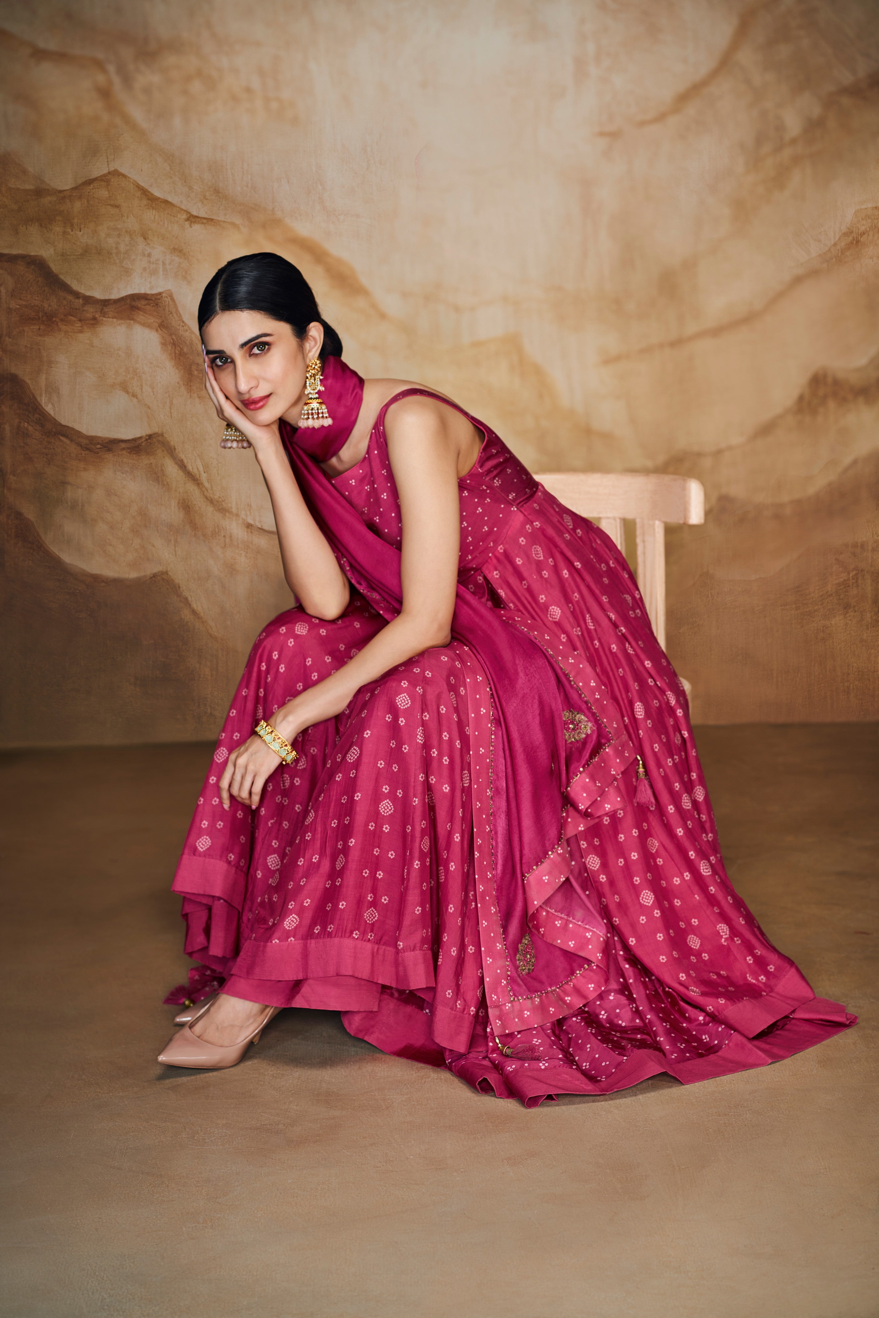 Pink double layered anarkali set