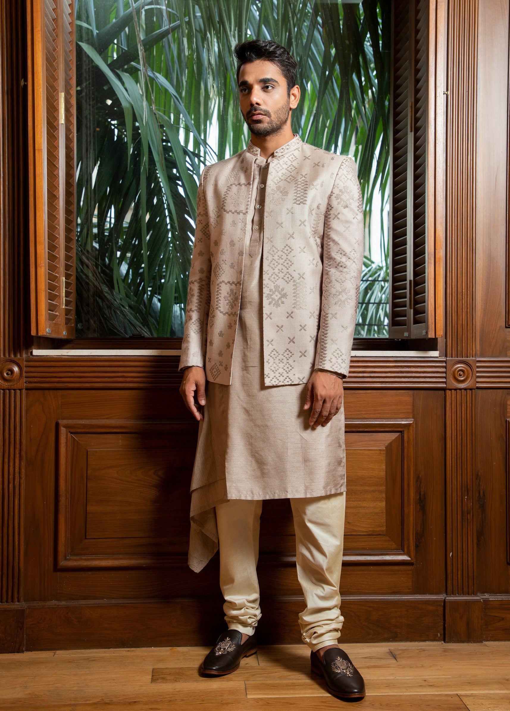 Embroidered Bandhgala with Drape Kurta Set