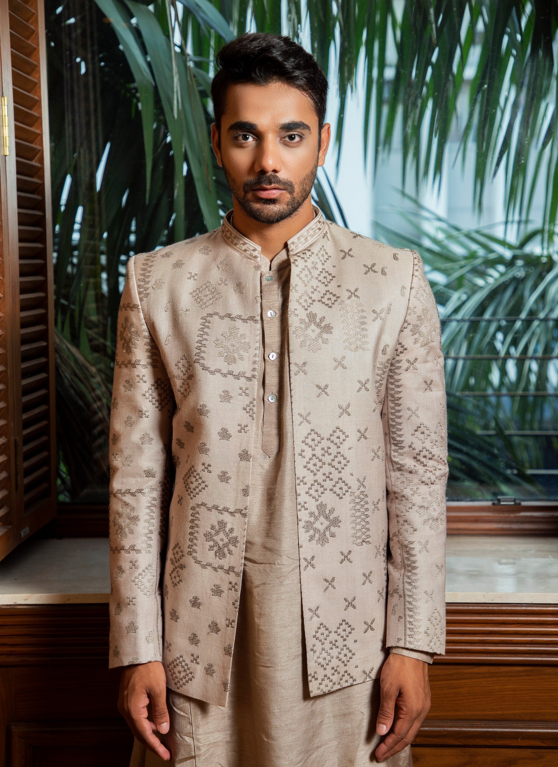 Embroidered Bandhgala with Drape Kurta Set