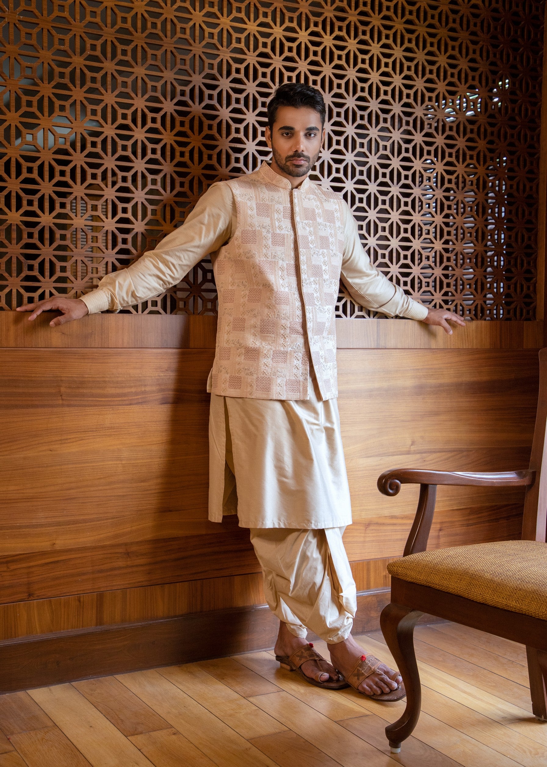 Fawn Hand Embroidered Jacket with Kurta and Dhoti