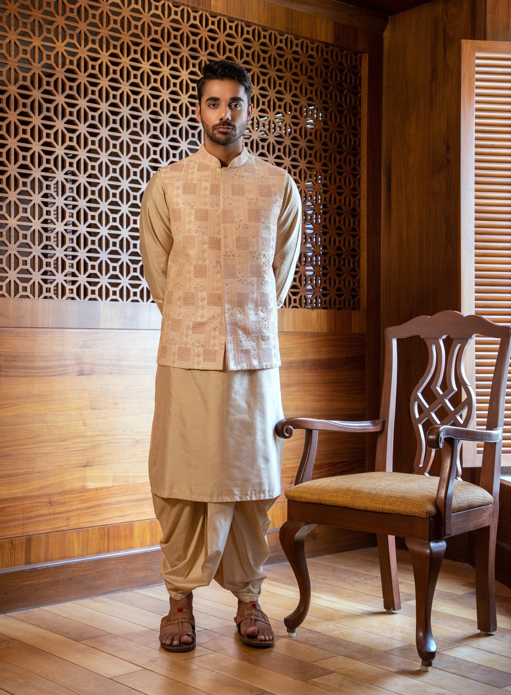 Fawn Hand Embroidered Jacket with Kurta and Dhoti