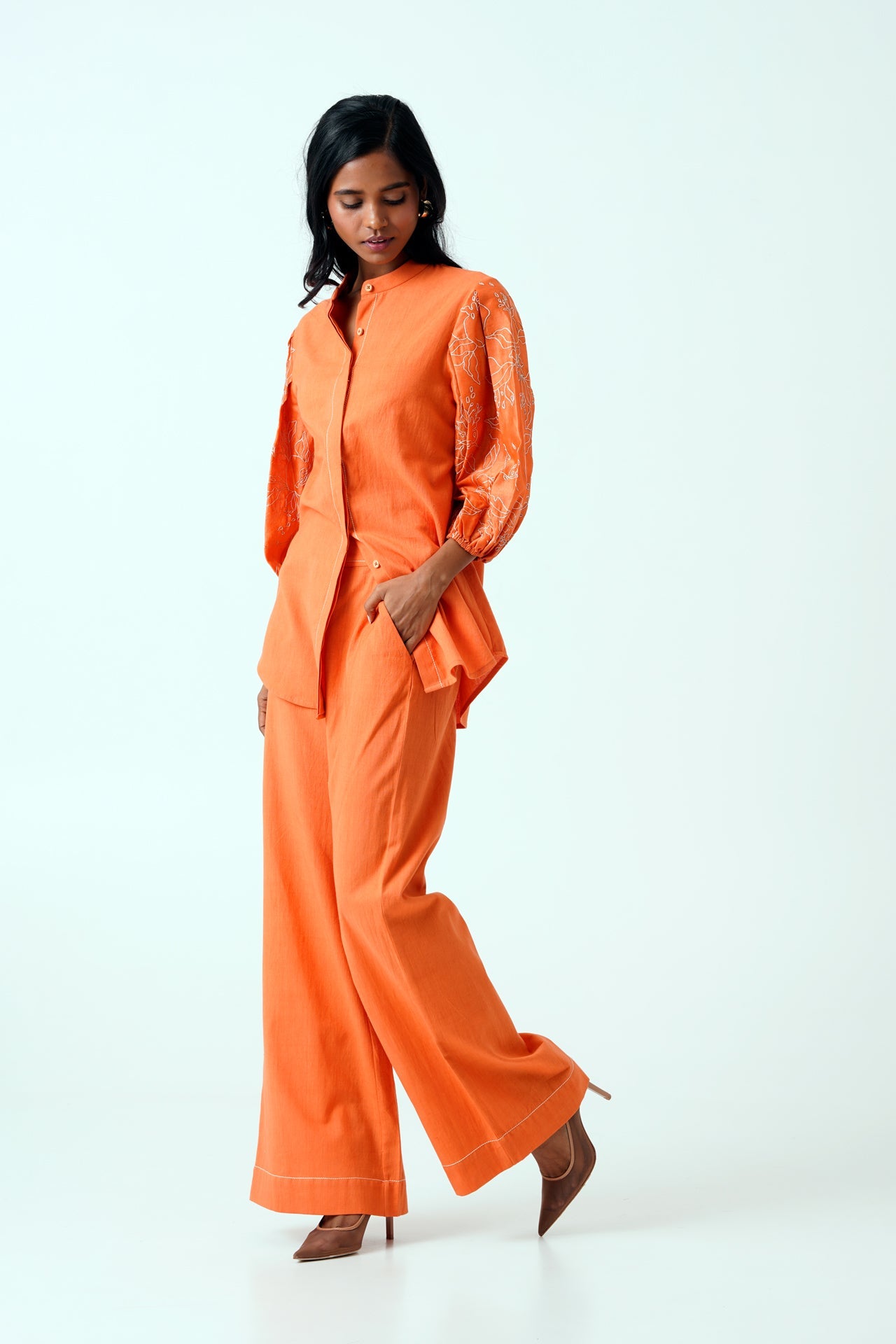 Sunset Orange Oba Set - Embroidered Sleeve Top + Pants