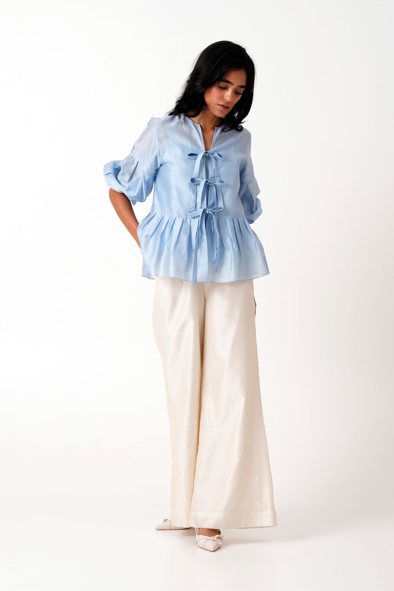 Ice Blue Toni Set - Multi Knot Peplum Top with Slip + Pants