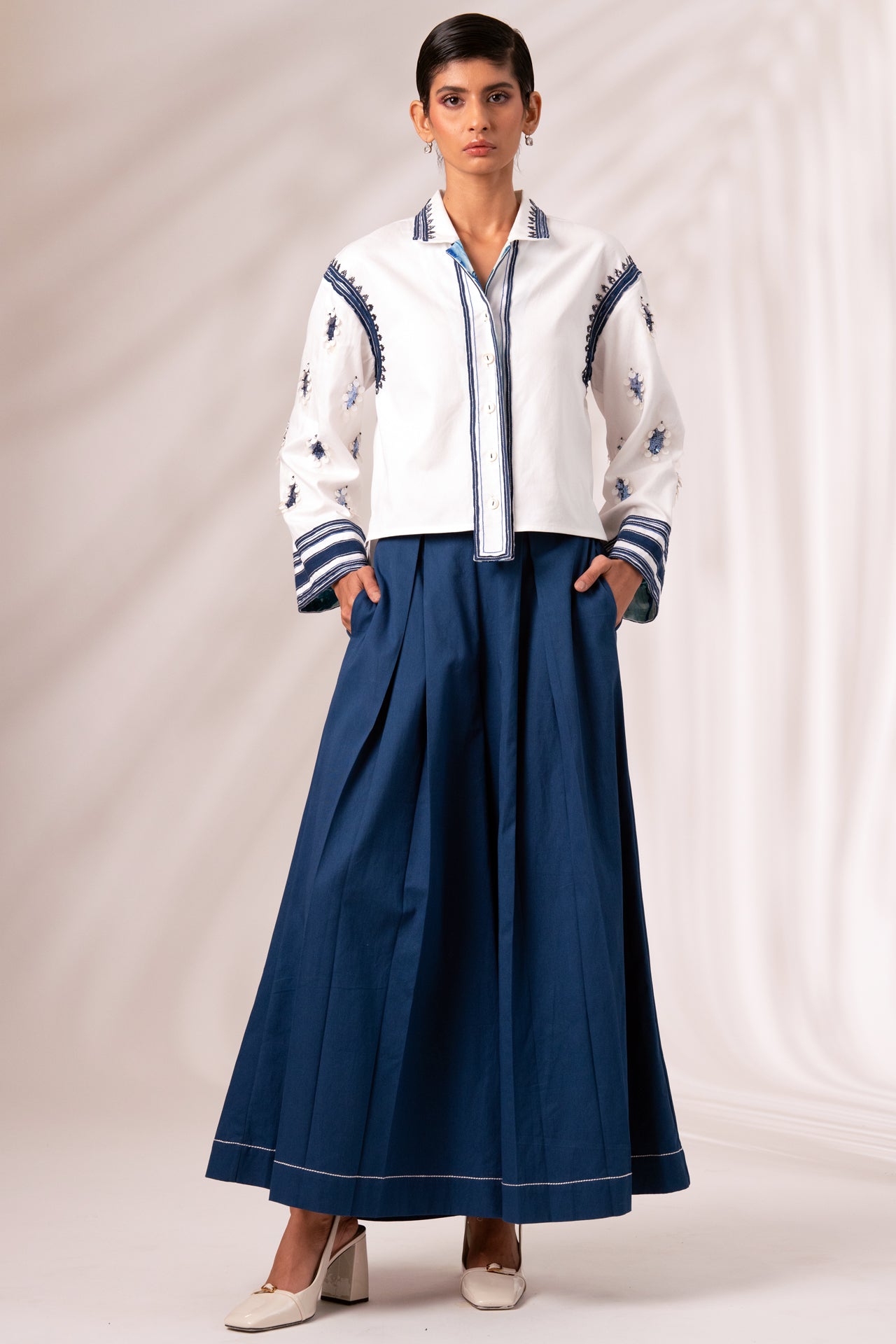 Cosmo Top with Indigo Rico Pleated Culottes