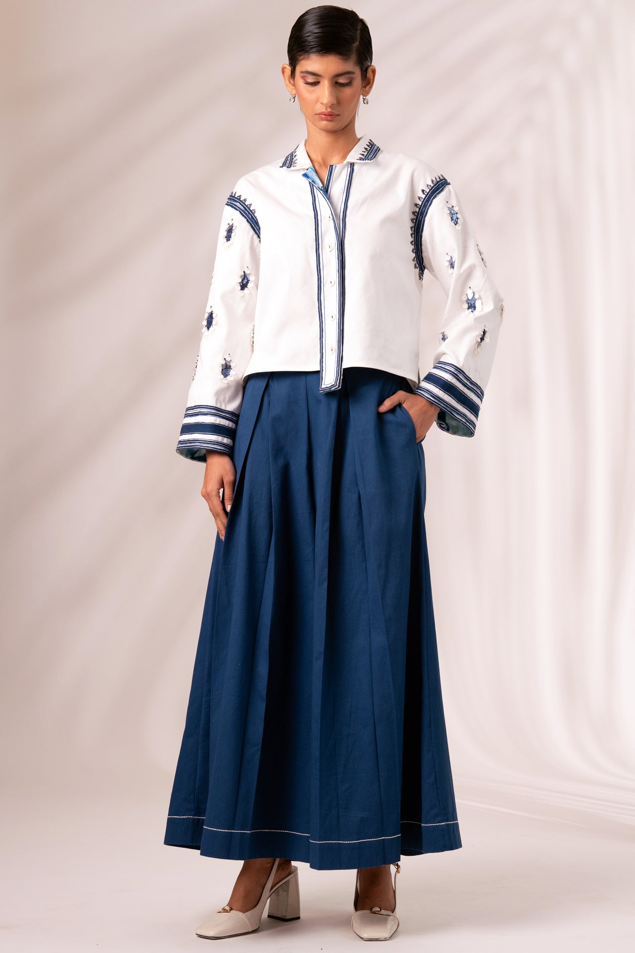 Cosmo Top with Indigo Rico Pleated Culottes