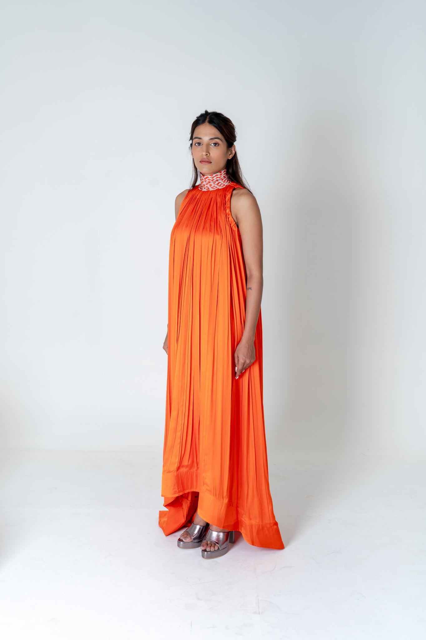 Orange-Pink Braided Halter Neck Gather Gown