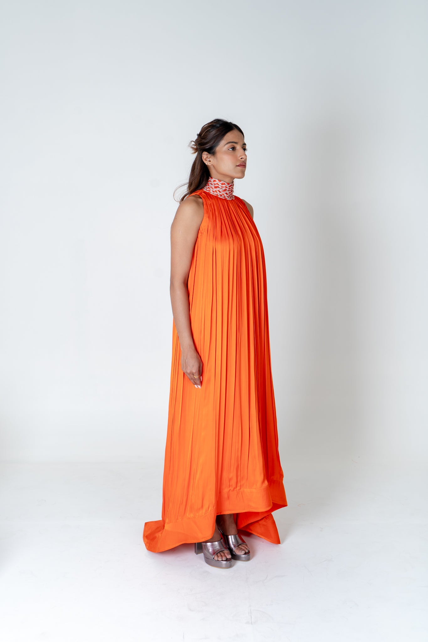 Orange-Pink Braided Halter Neck Gather Gown