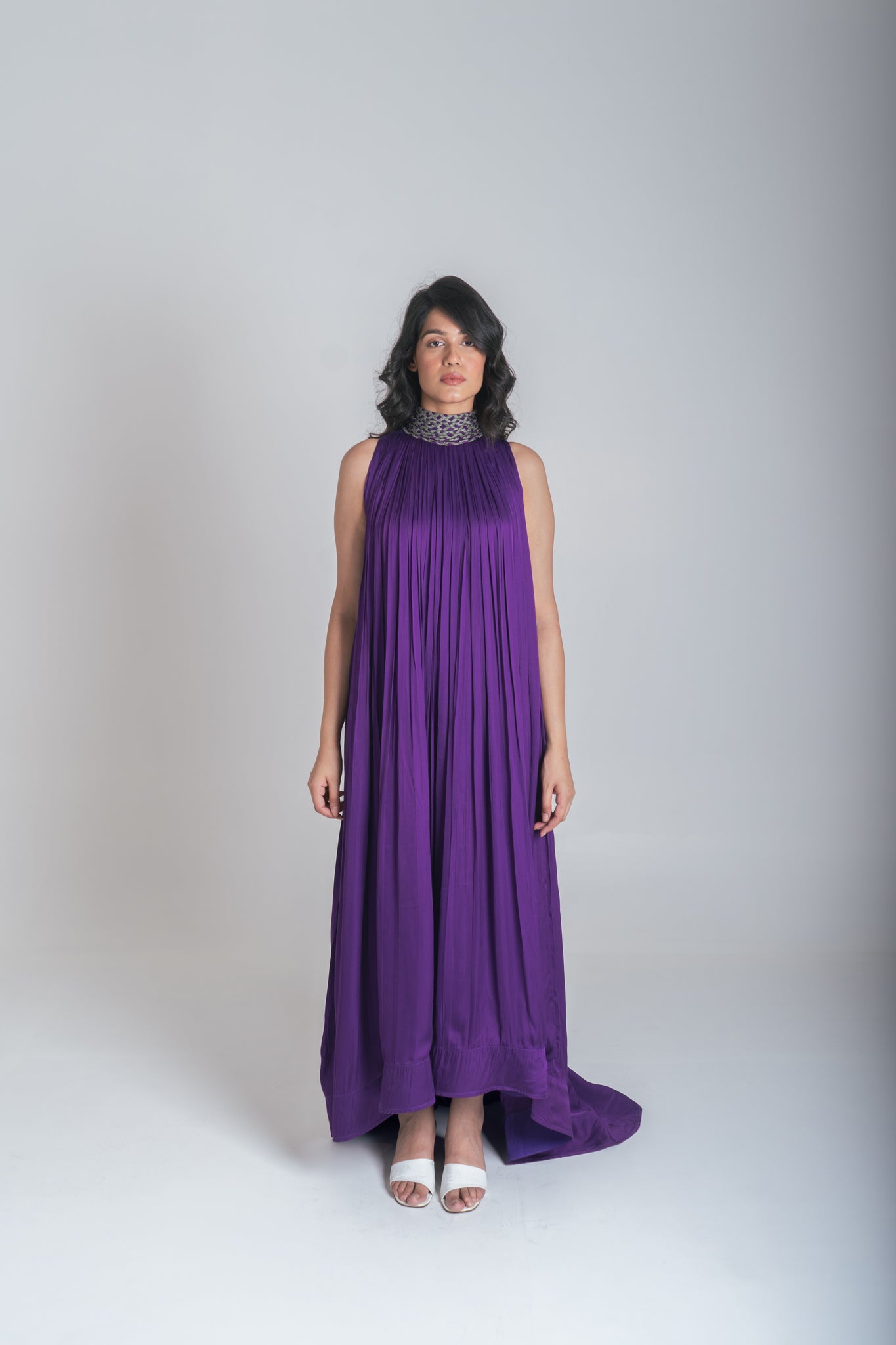 Purple-Green Braided Halter Neck Gather Gown