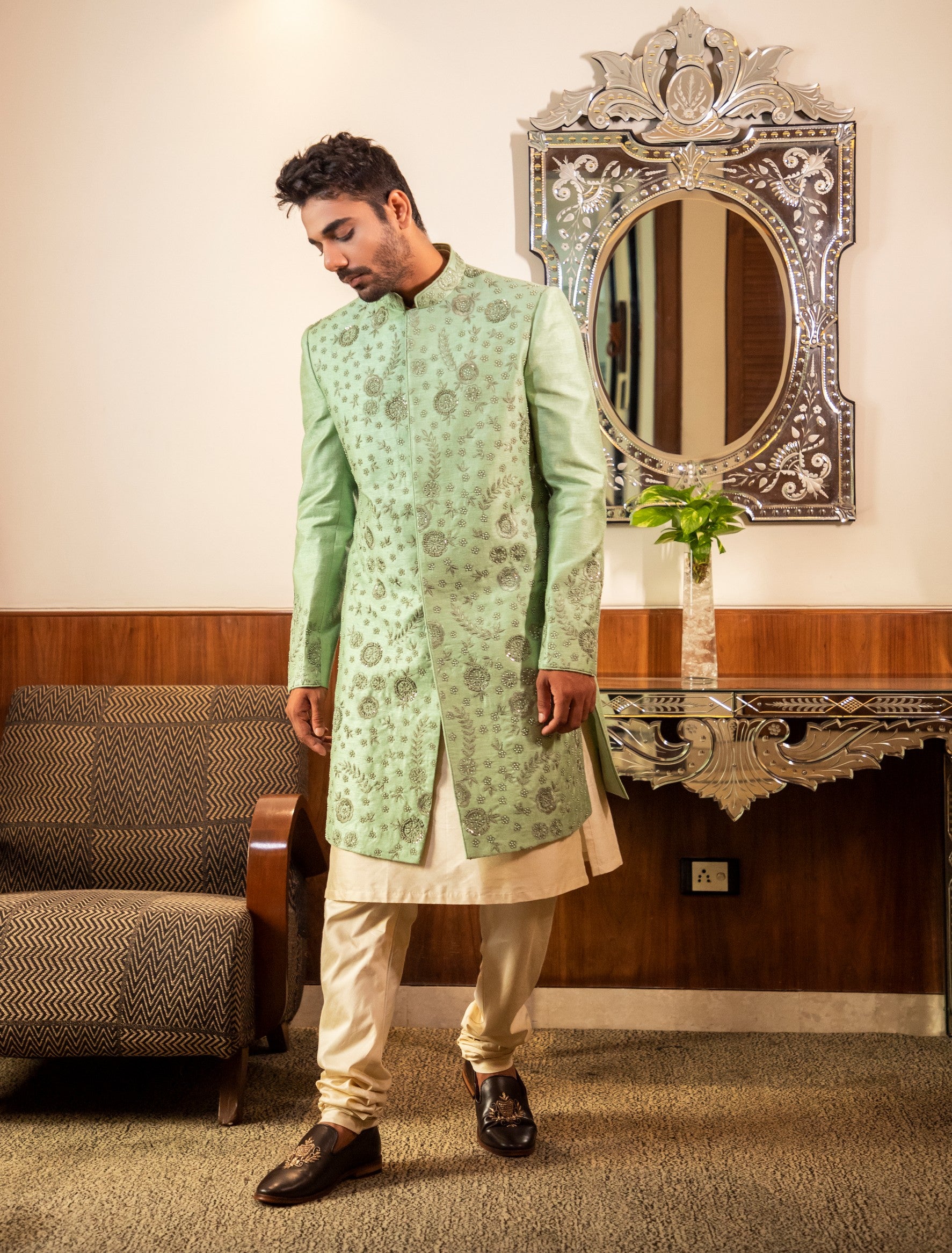 Green Hand Embroidered Sherwani with Kurta Set