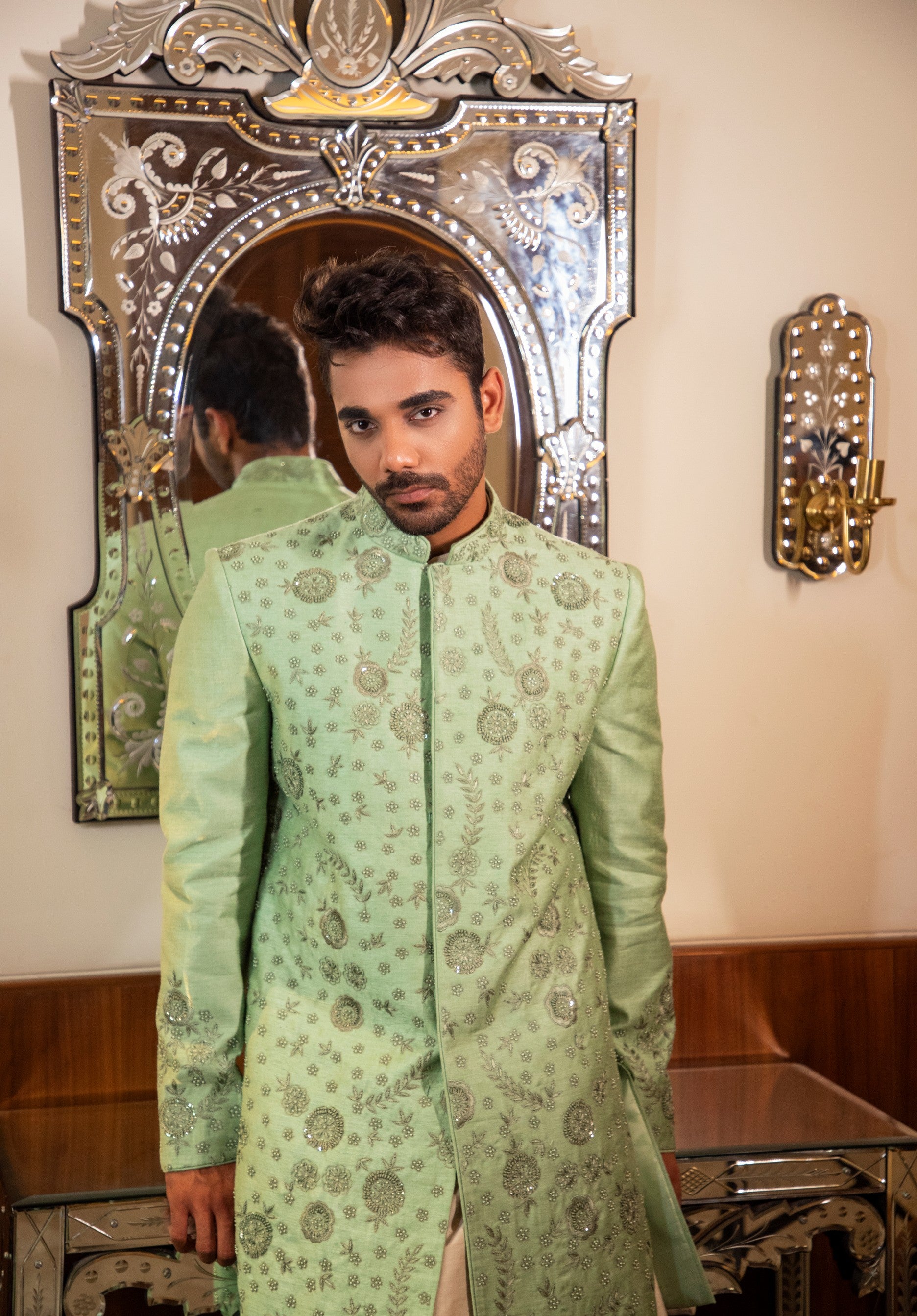 Green Hand Embroidered Sherwani with Kurta Set