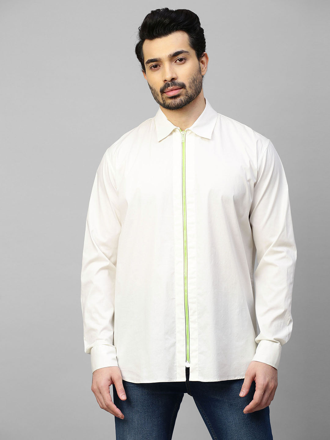 White shirt with Neon zip detail and cross embleshiment on the back