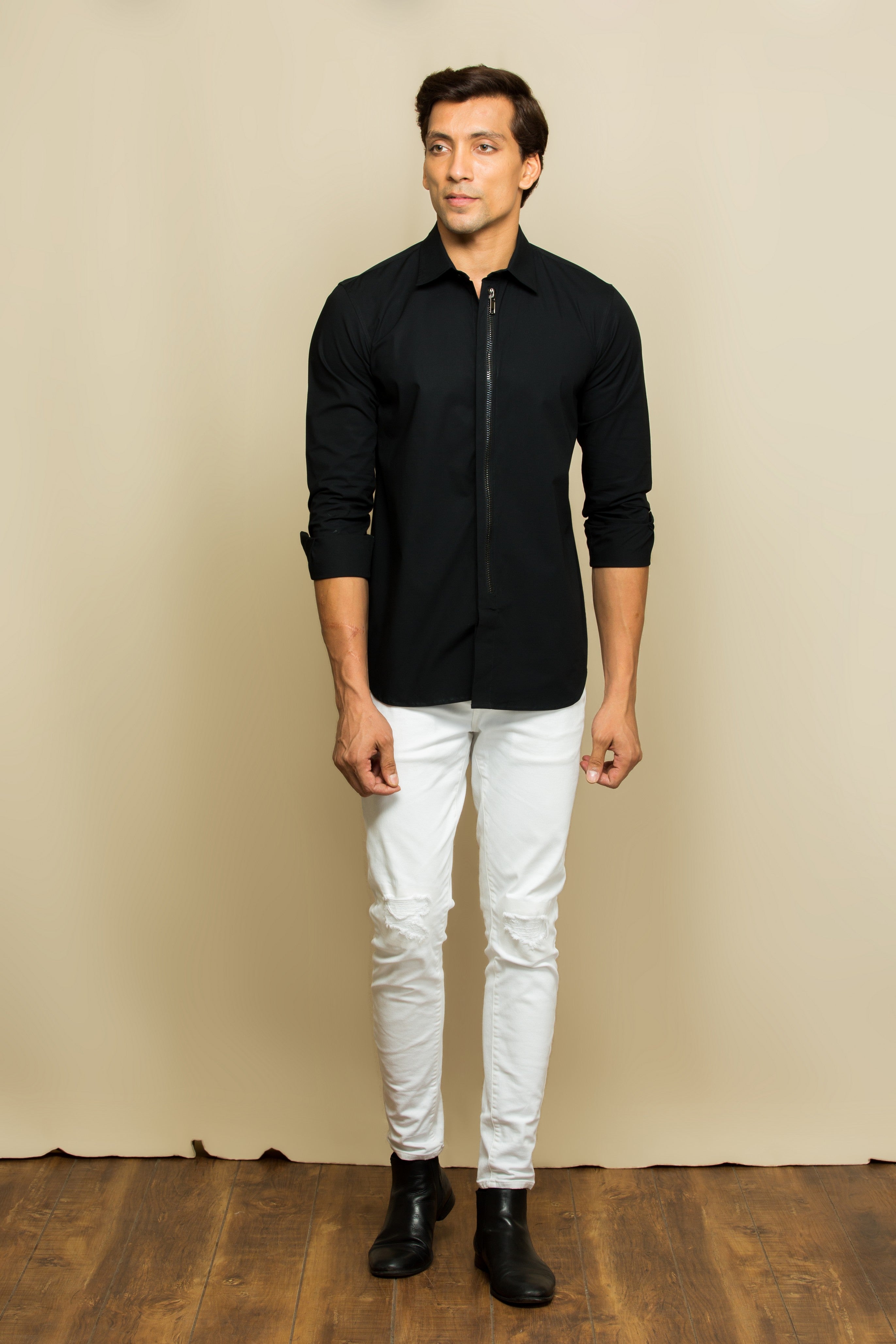 Black shirt with zip on the placket