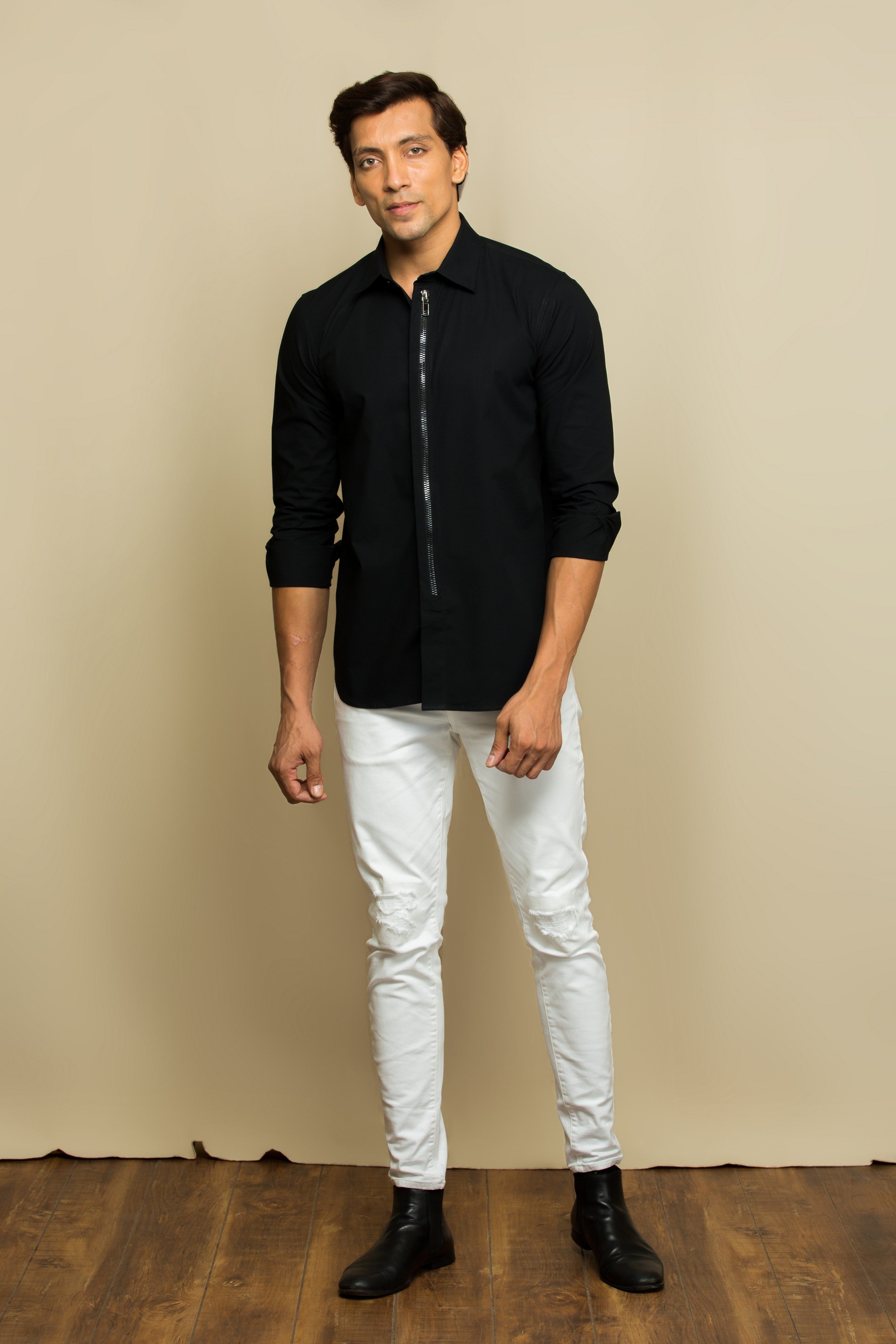 Black shirt with zip on the placket