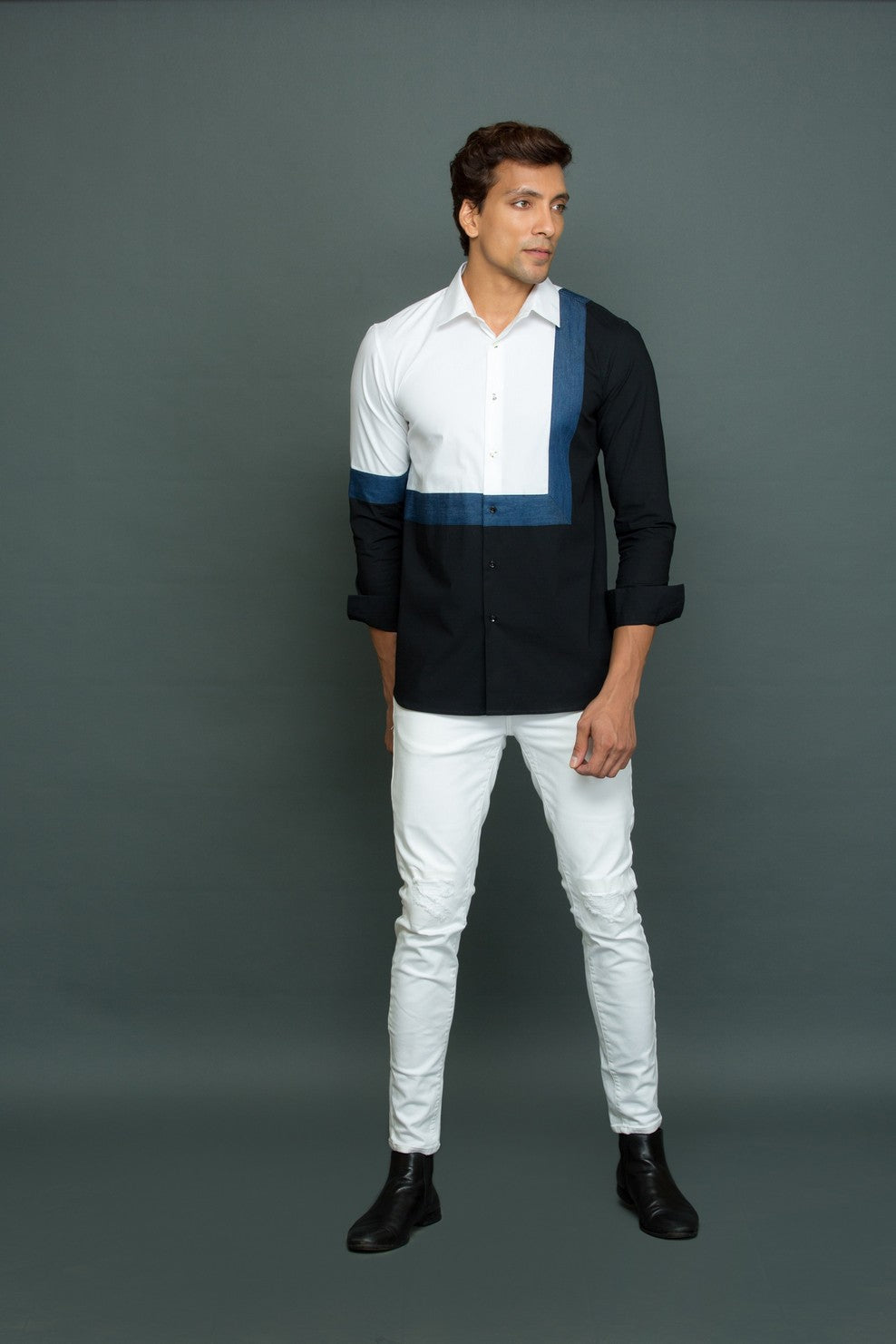 White shirt with denim square detail and black part