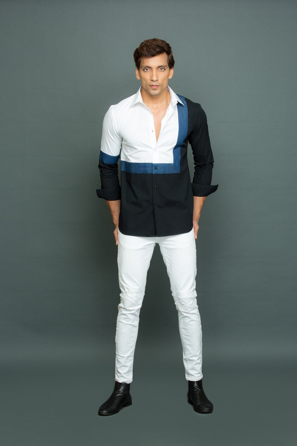 White shirt with denim square detail and black part