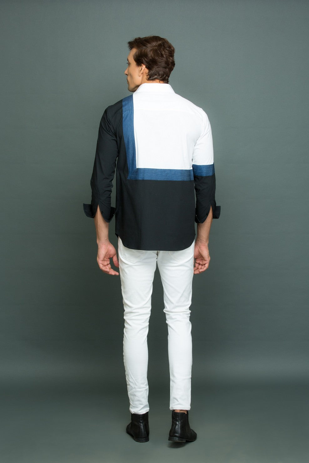 White shirt with denim square detail and black part