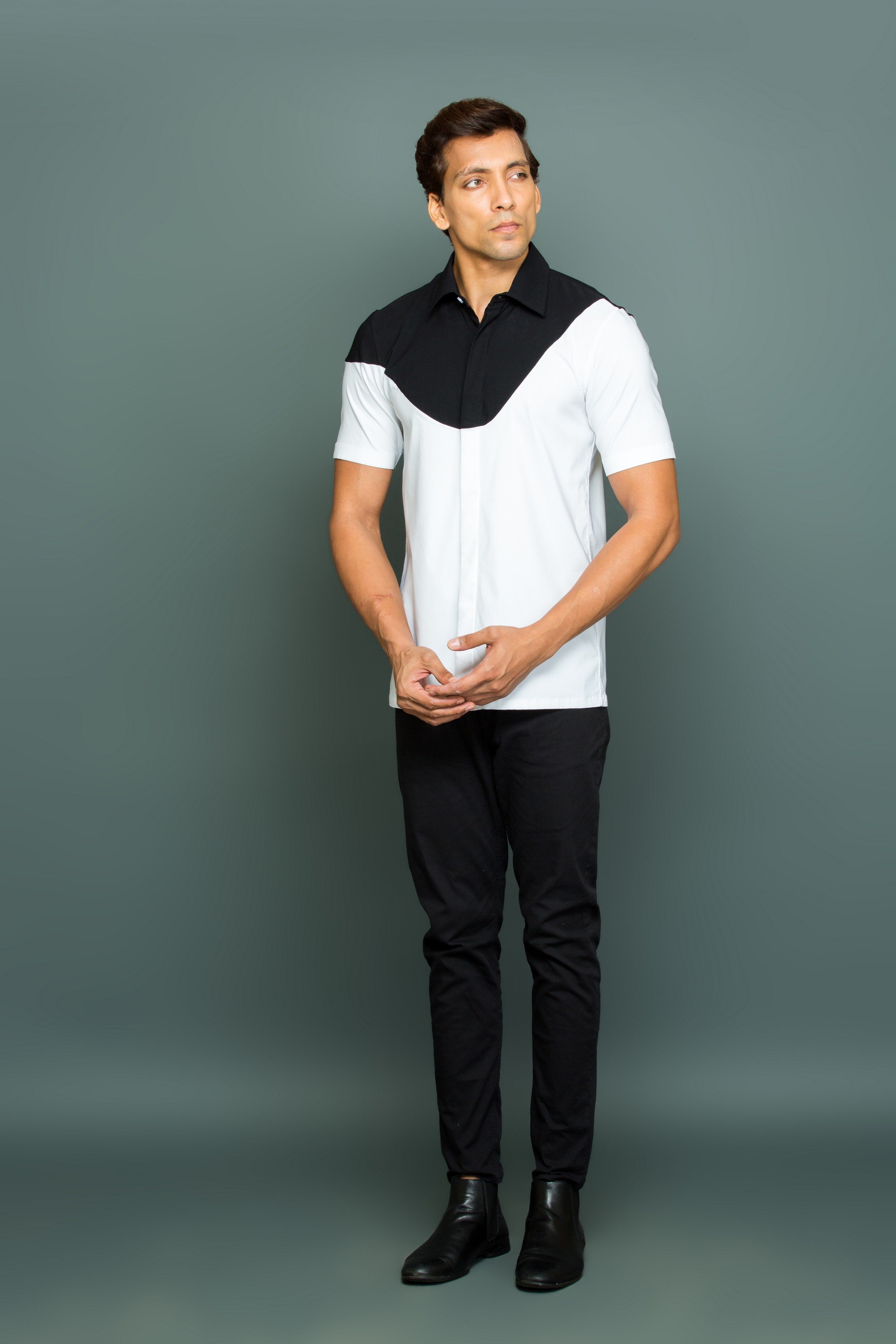 White and black shirt with black top yoke