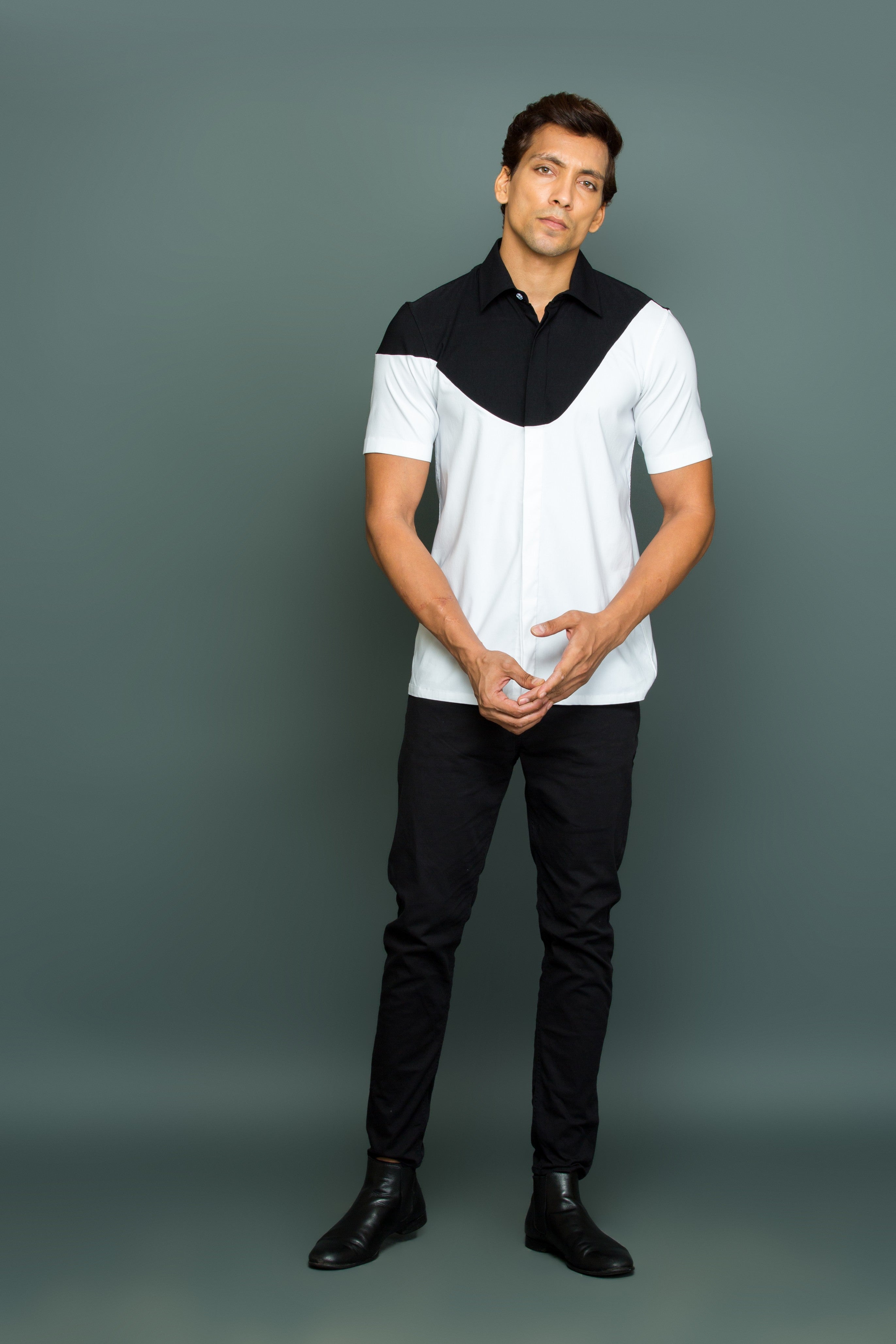 White and black shirt with black top yoke