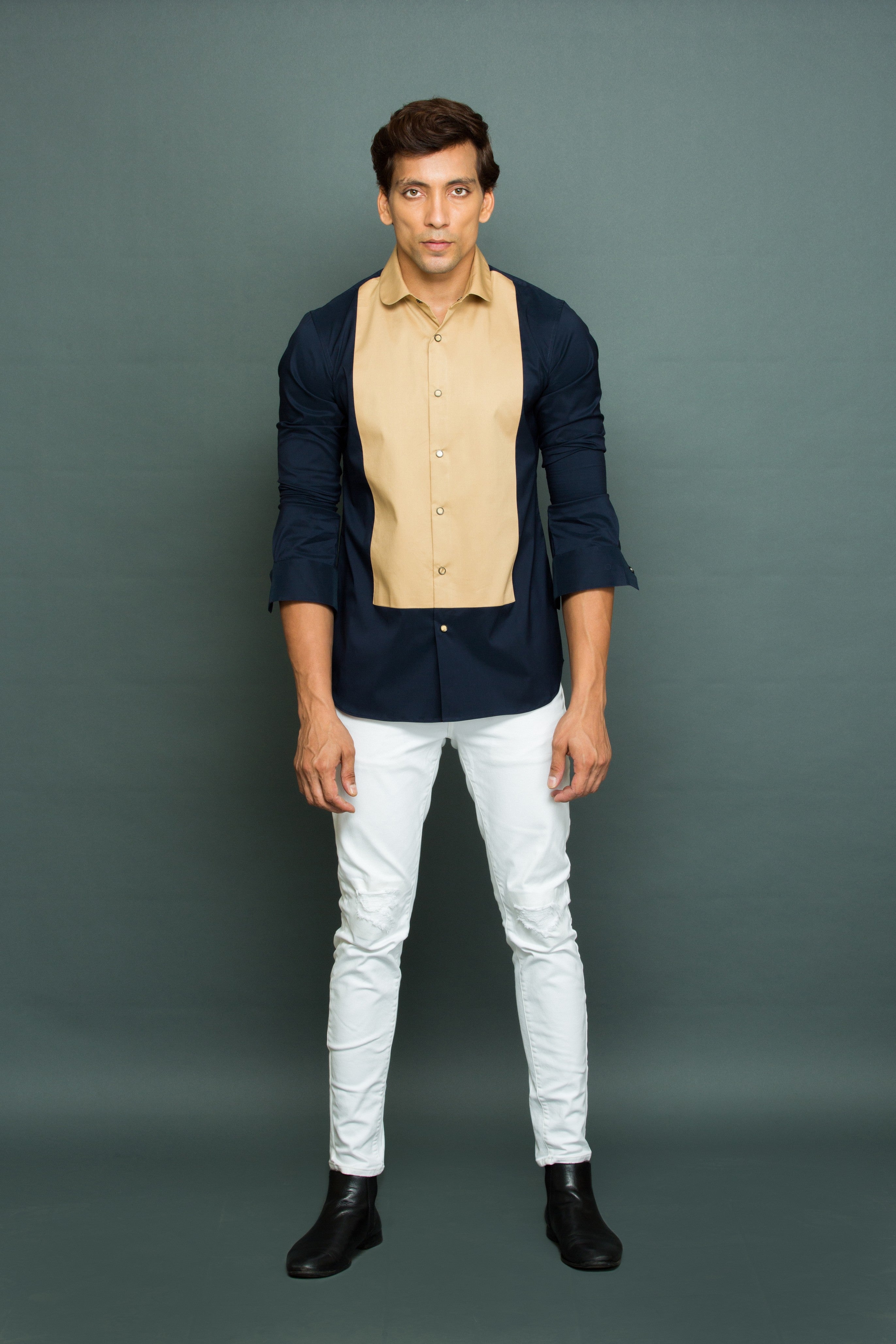 Blue shirt with Khaki long front patch and rounded collar