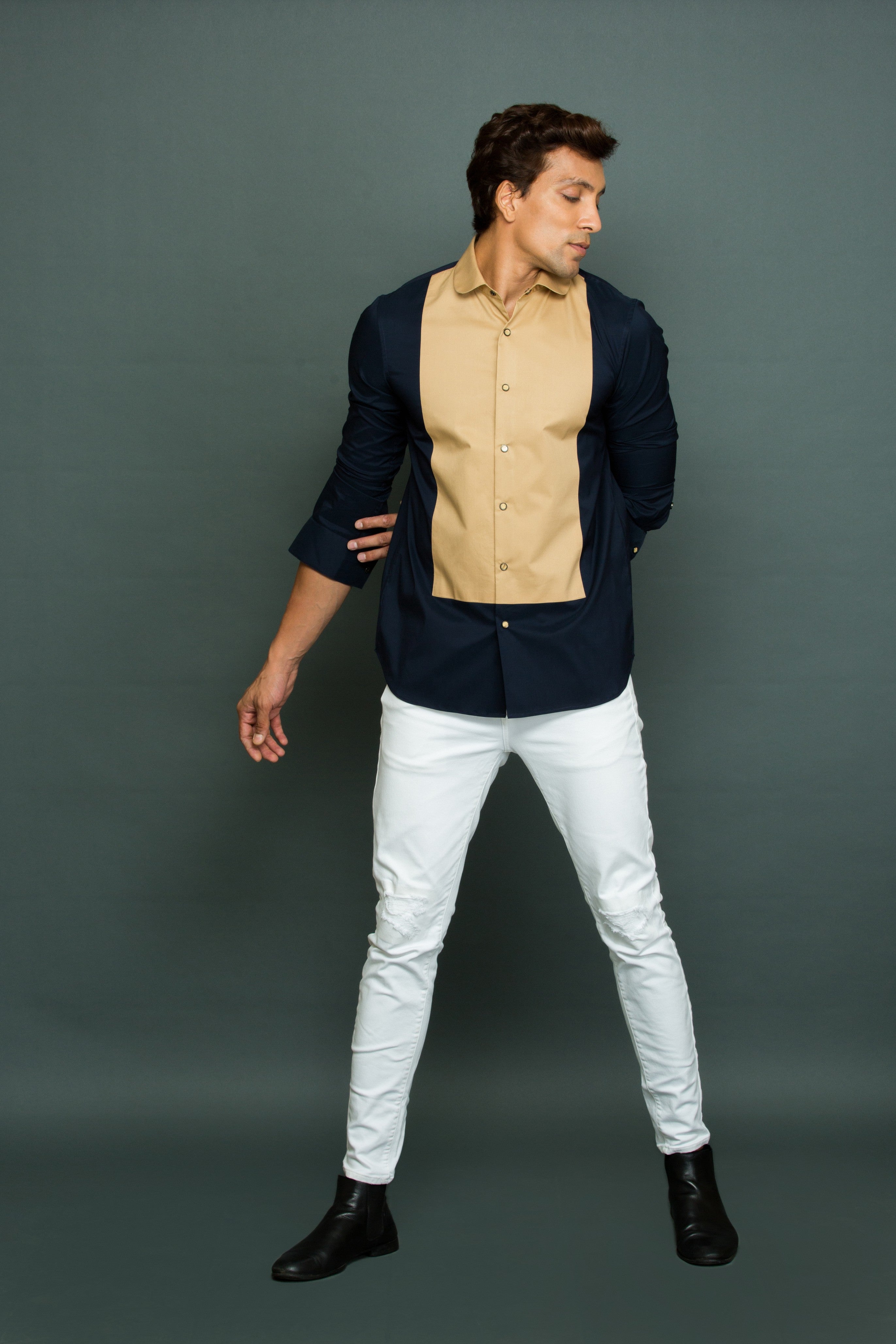 Blue shirt with Khaki long front patch and rounded collar