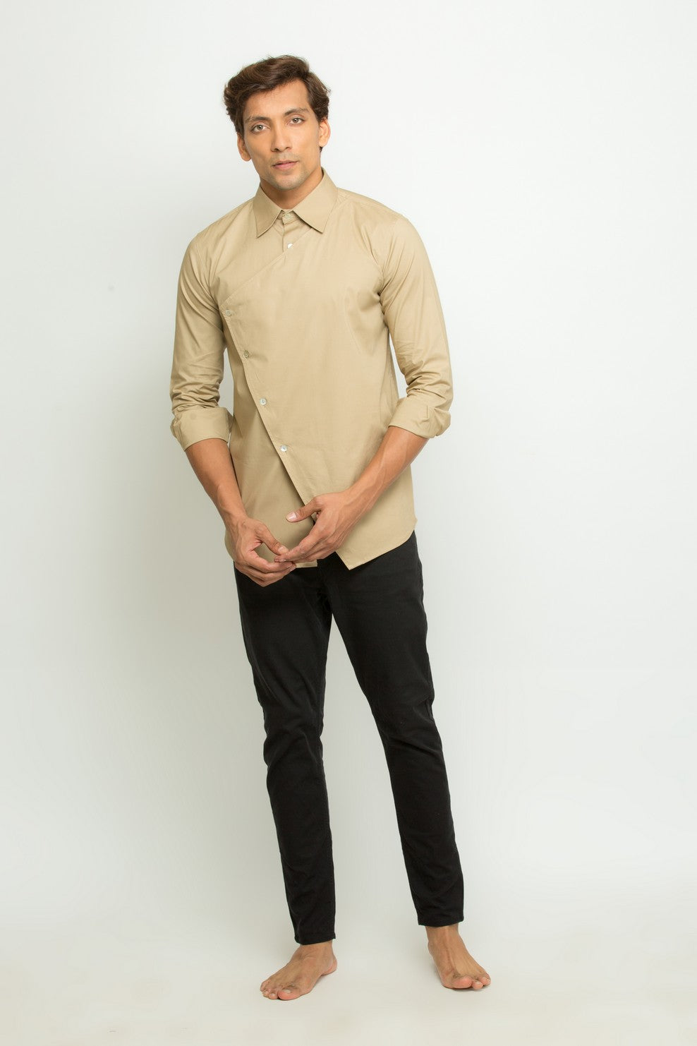 Khaki kurta shirt with angrakha feature