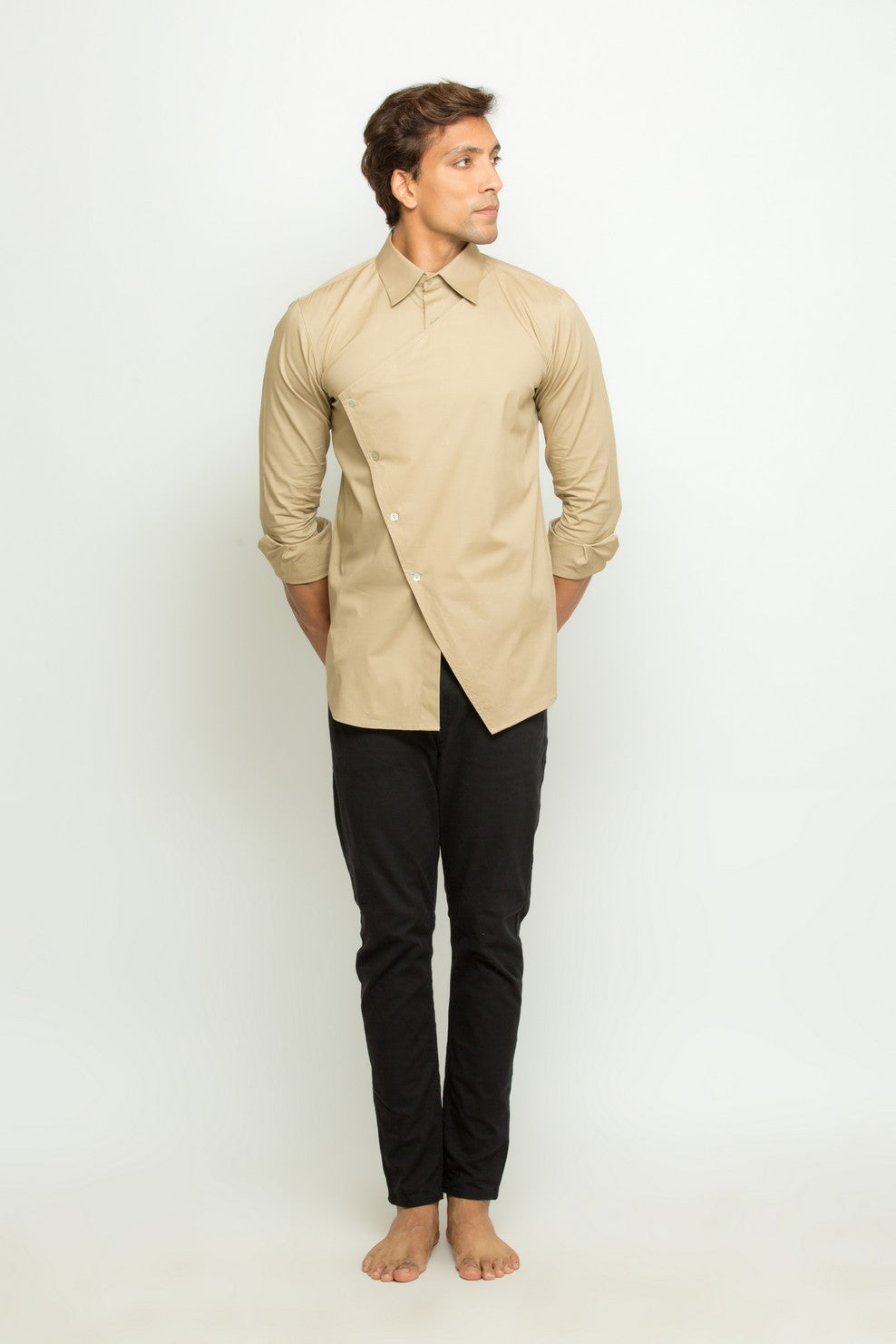 Khaki kurta shirt with angrakha feature