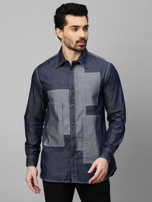 Denim shirt with light denim rectangular patchwork on chest