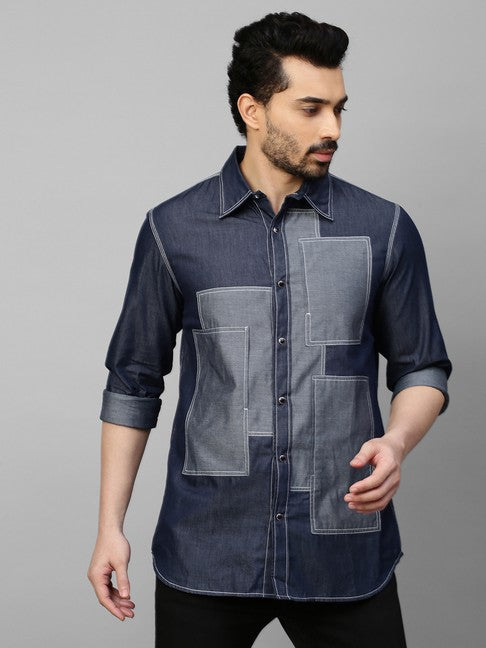 Denim shirt with light denim rectangular patchwork on chest