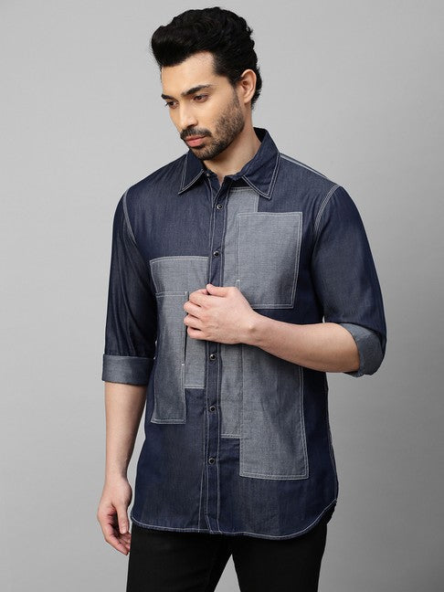 Denim shirt with light denim rectangular patchwork on chest