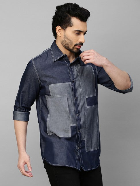 Denim shirt with light denim rectangular patchwork on chest