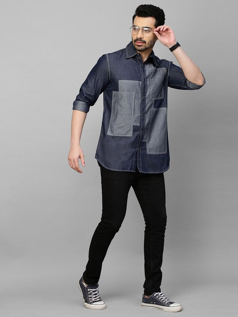 Denim shirt with light denim rectangular patchwork on chest