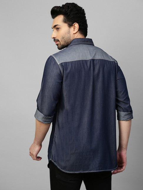 Denim shirt with light denim rectangular patchwork on chest