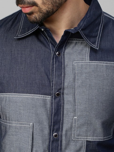 Denim shirt with light denim rectangular patchwork on chest