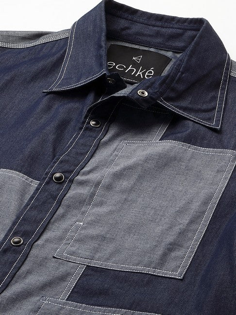 Denim shirt with light denim rectangular patchwork on chest