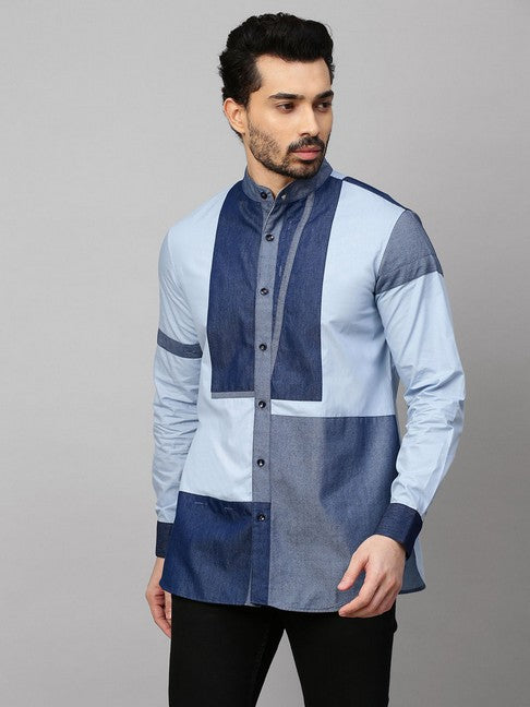 White shirt with chinese collar and denim patchwork