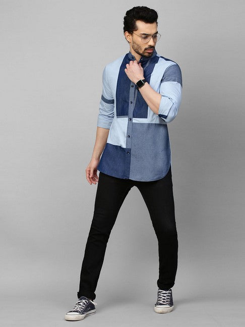 White shirt with chinese collar and denim patchwork