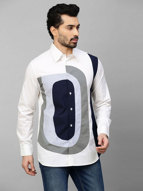 White shirt with dark blue, gray and light blue checks patchwork on chest