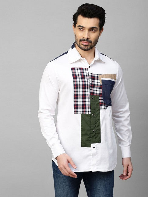 White shirt with denim and multicolor patchwork on shoulders, plaket and pocket