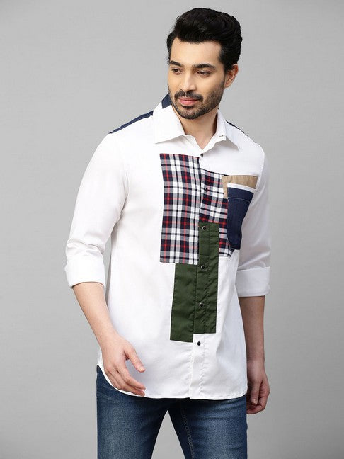 White shirt with denim and multicolor patchwork on shoulders, plaket and pocket